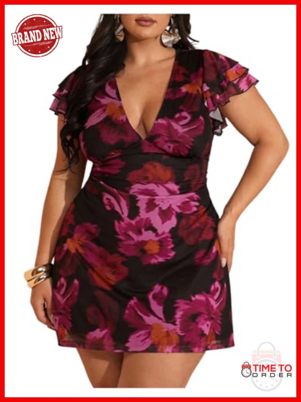 Women's Plus Size Floral V Neck Ruffle Sleeve Mini Dress Cocktail